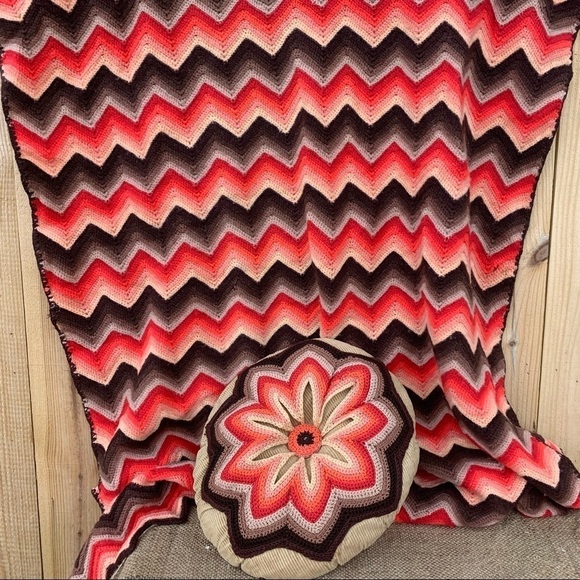 Vintage Crochet Afghan & Matching Pillow Retro Granny Chic Throw Blanket Cabin